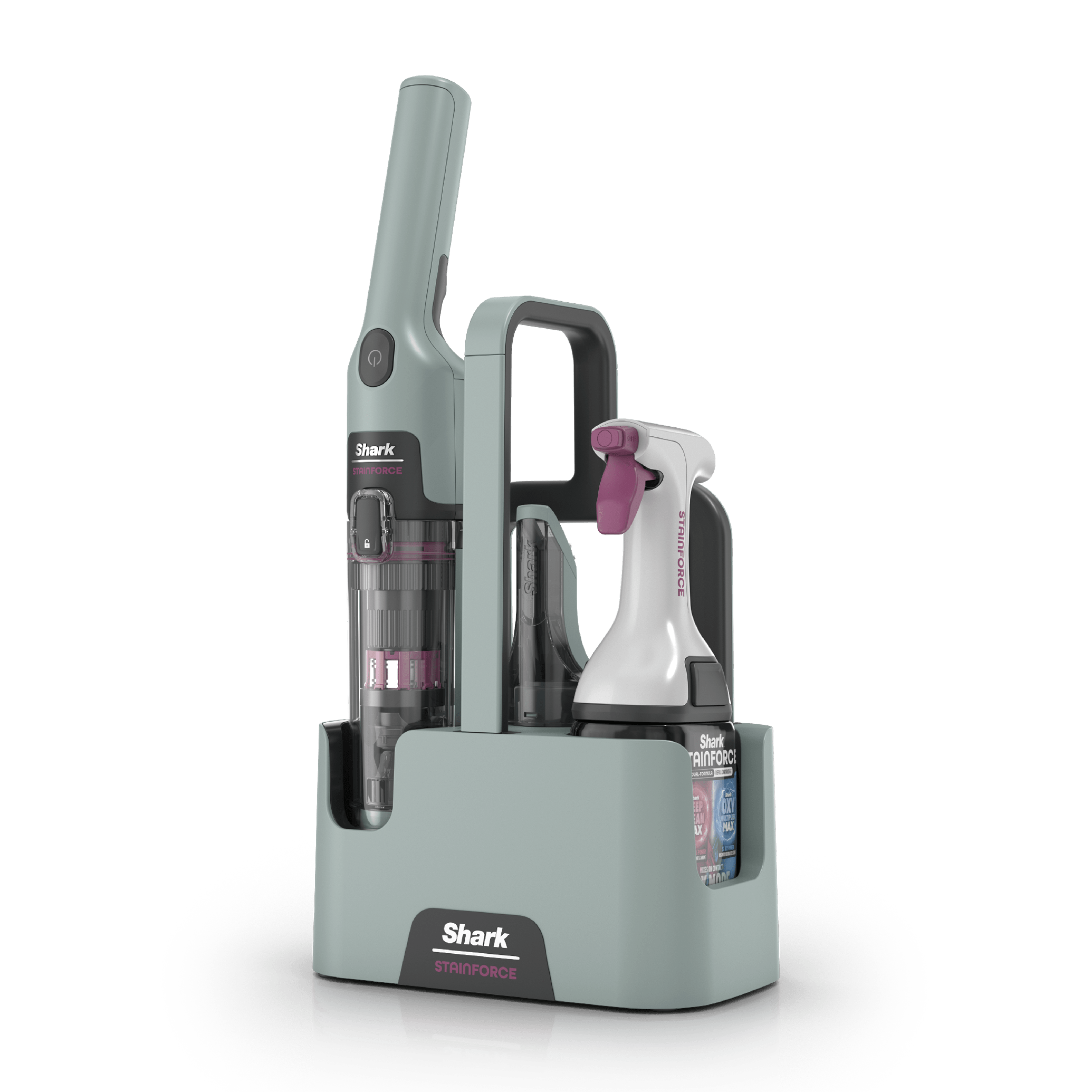 Shark StainForce HX101 cleaner, spray system and accessories arranged in the Grab and Go Caddy