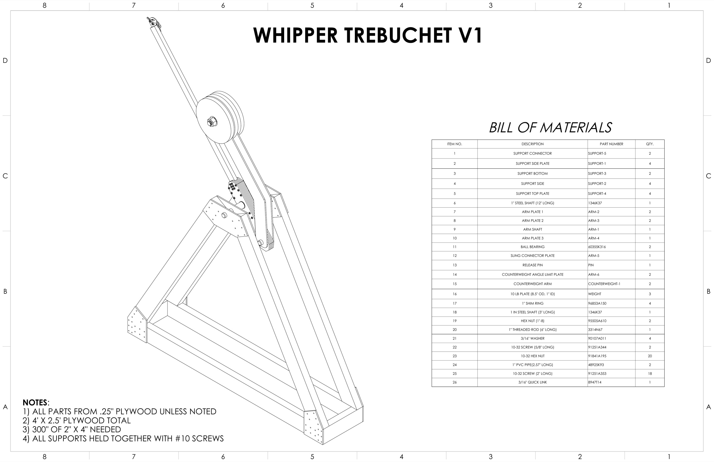Detailed assembly drawing of the whipper trebuchet